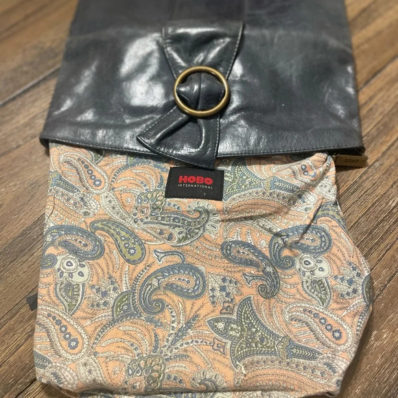 HOBO Soft Blue Leather Foldover Magnetic Clutch Purse Bronze Ring Boho Evening - Picture 6 of 12